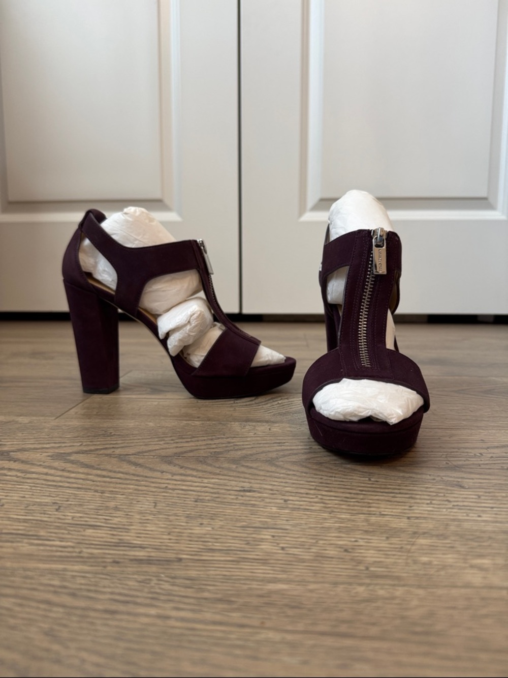 MICHAEL Michael Kors Plum Suede Platform Block Heels with Front Zipper